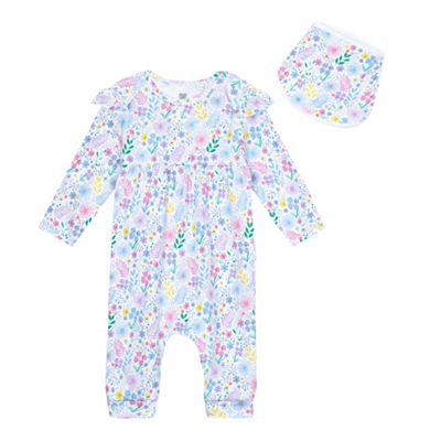 Baby girls' blue floral print sleepsuit and bib set